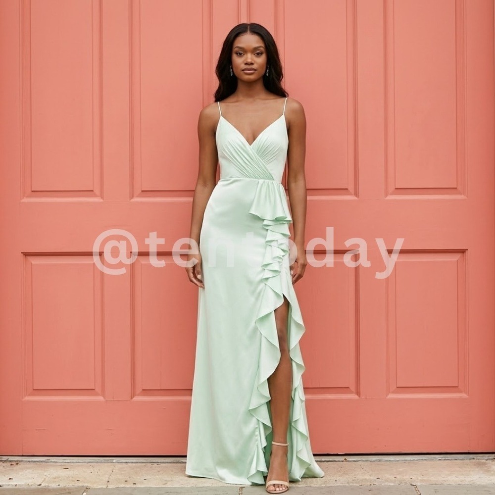 Mac Duggal Size 6 Light Pistachio Mint Green Ruffle Slip Dress Long Maxi‎ Gown